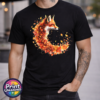 Fox in profile with its russet fur blending into a sweeping curve of orange, red and golden autumn leaves printed on a unisex T-shirt model - Print Unleashed