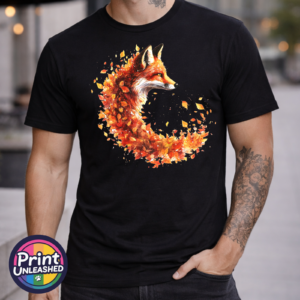 Fox in profile with its russet fur blending into a sweeping curve of orange, red and golden autumn leaves printed on a unisex T-shirt model - Print Unleashed