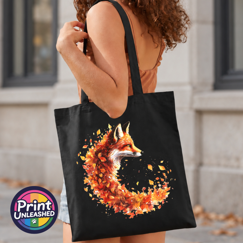 Fox in profile with its russet fur blending into a sweeping curve of orange, red and golden autumn leaves printed on a tote bag model - Print Unleashed