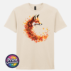 Fox in profile with its russet fur blending into a sweeping curve of orange, red and golden autumn leaves printed on a unisex T-shirt natural - Print Unleashed