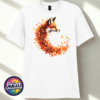 Fox in profile with its russet fur blending into a sweeping curve of orange, red and golden autumn leaves printed on a unisex T-shirt white - Print Unleashed
