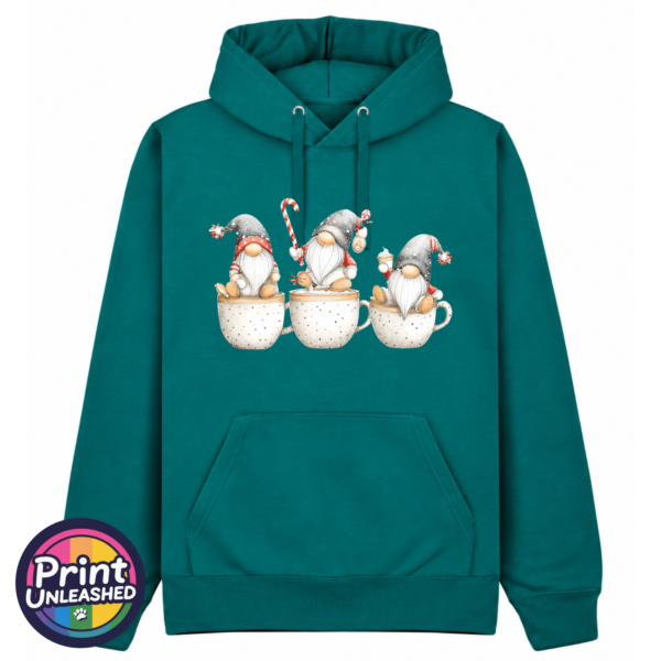 Gonk Cups pacific Classic Hoodie in pacific green featuring three Christmas gonks sitting on cream speckled cups, wearing grey festive hats with red details and holding sweet treats - Print Unleashed