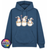 Classic Hoodie in petrol blue featuring three Christmas gonks sitting on cream speckled cups, wearing grey festive hats with red details and holding sweet treats - Print Unleashed