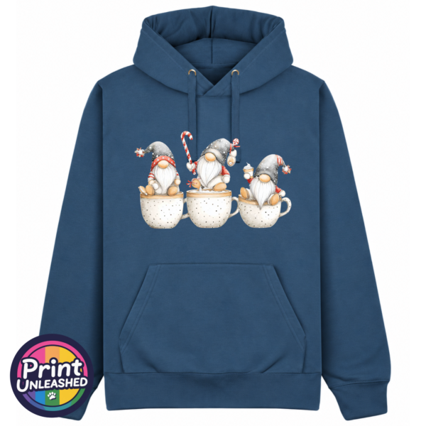 Gonk Cups petrol Classic Hoodie in petrol blue featuring three Christmas gonks sitting on cream speckled cups, wearing grey festive hats with red details and holding sweet treats - Print Unleashed