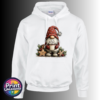 Christmas gonk in a red snowflake-patterned hat holding hot chocolate piled with marshmallows, surrounded by gingerbread stars and holly, printed on a white unisex hoodie - Print Unleashed