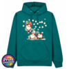 Classic Hoodie in pacific green featuring three Christmas gonks in red and grey spotted hats, with one hanging from strings of warm glowing lights above two seated companions - Print Unleashed
