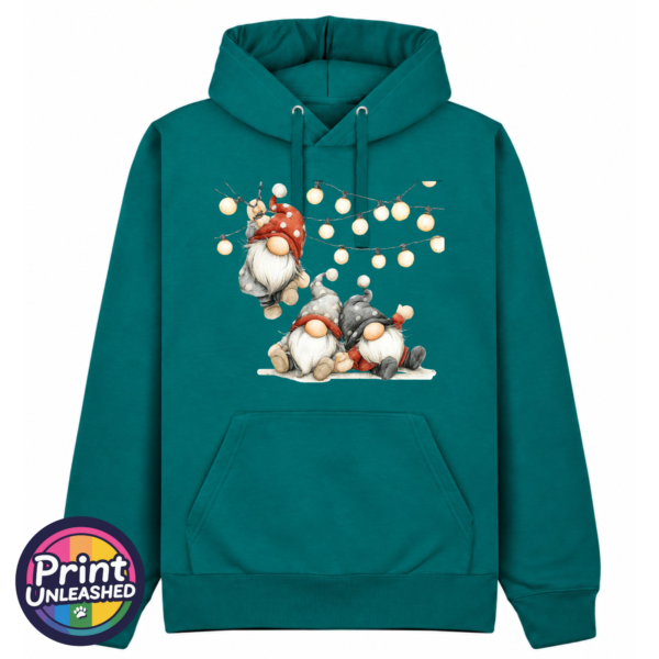 Classic Hoodie in pacific green featuring three Christmas gonks in red and grey spotted hats, with one hanging from strings of warm glowing lights above two seated companions - Print Unleashed