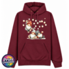 Classic Hoodie in pepper red featuring three Christmas gonks in red and grey spotted hats, with one hanging from strings of warm glowing lights above two seated companions - Print Unleashed
