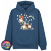 Classic Hoodie in petrol blue featuring three Christmas gonks in red and grey spotted hats, with one hanging from strings of warm glowing lights above two seated companions - Print Unleashed