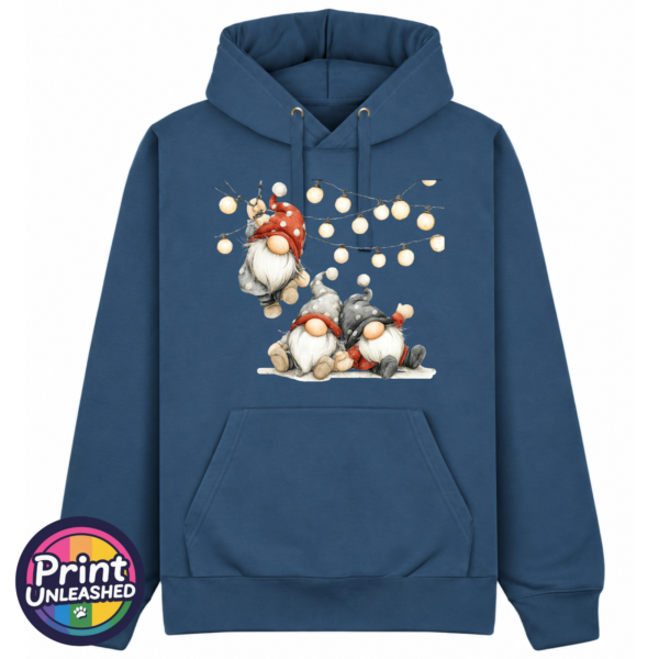 Classic Hoodie in petrol blue featuring three Christmas gonks in red and grey spotted hats, with one hanging from strings of warm glowing lights above two seated companions - Print Unleashed