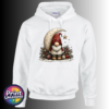 Christmas gonk in a red star-patterned hat beside a cream crescent moon and hanging gold star, with holly and baubles, printed on a white unisex hoodie - Print Unleashed