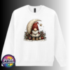 Christmas gonk in a red star-patterned hat beside a cream crescent moon and hanging gold star, with holly and baubles, printed on a white unisex sweatshirt - Print Unleashed
