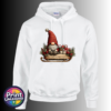 Christmas gonk in a tall red hat sitting on a wooden sleigh with presents, candy canes, pine cones and evergreen sprigs, printed on a white unisex hoodie - Print Unleashed