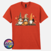 Three autumn gonks in witch hats with pumpkins, a takeaway cup, a black cat and falling leaves printed on a unisex T-shirt antique orange - Print Unleashed
