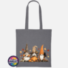 Three autumn gonks in tall pointed hats with pumpkins, a takeaway cup, a black cat and falling leaves printed on a graphite tote bag - Print Unleashed
