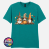Three autumn gonks in witch hats with pumpkins, a takeaway cup, a black cat and falling leaves printed on a unisex T-shirt jade - Print Unleashed