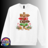 Gingerbread-style signpost pointing to Gingerbread Village, Peppermint Post, Cookie Kitchen and Gumdrop Lane, with sweets and biscuits, printed on a white unisex sweatshirt - Print Unleashed