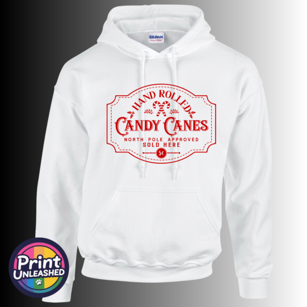 Vintage red Hand Rolled Candy Canes sign with crossed candy canes, holly, North Pole Approved wording and a five-cent emblem, printed on a white unisex hoodie - Print Unleashed