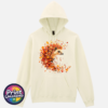 Hedgehog surrounded by swirling orange, red and golden autumn leaves on a softstyle hoodie off white - Print Unleashed