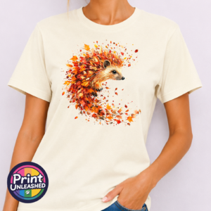 Hedgehog surrounded by swirling orange, red and golden autumn leaves on an off-white unisex T-shirt model - Print Unleashed