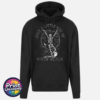 Black everyday hoodie featuring a dancing skeleton surrounded by bats, stars, a crescent moon, a cat and ghost with Just a Little Ray of Pitch Black lettering - Print Unleashed