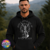 Model image of everyday hoodie featuring a dancing skeleton surrounded by bats, stars, a crescent moon, a cat and ghost with Just a Little Ray of Pitch Black lettering - Print Unleashed