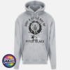 Heather grey everyday hoodie featuring a dancing skeleton surrounded by bats, stars, a crescent moon, a cat and ghost with Just a Little Ray of Pitch Black lettering - Print Unleashed