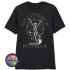 Black unisex T-shirt featuring a dancing skeleton with bats, a crescent moon, stars, a cat and ghost beneath Just a Little Ray of Pitch Black lettering - Print Unleashed