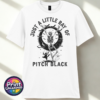 White unisex T-shirt featuring a dancing skeleton with bats, a crescent moon, stars, a cat and ghost beneath Just a Little Ray of Pitch Black lettering - Print Unleashed