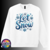 Let It Snow wording in blue sequin-effect lettering surrounded by blue and silver snowflakes and jewel-like details printed on a white unisex sweatshirt - Print Unleashed