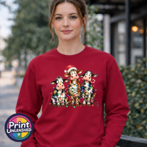 Three Christmas cows tangled in colourful lights, one wearing a Santa hat and another holding a candy cane, printed on a cherry red unisex sweatshirt female model - Print Unleashed