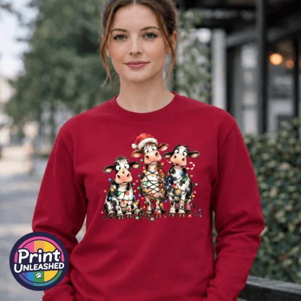 Three Christmas cows tangled in colourful lights, one wearing a Santa hat and another holding a candy cane, printed on a cherry red unisex sweatshirt female model - Print Unleashed