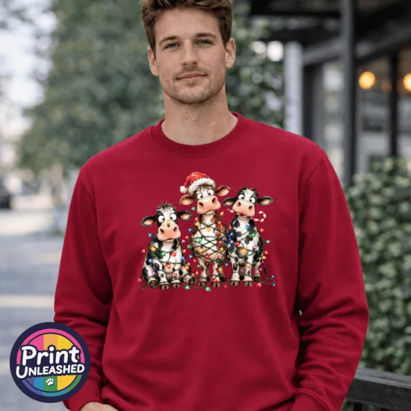 Three Christmas cows tangled in colourful lights, one wearing a Santa hat and another holding a candy cane, printed on a cherry red unisex sweatshirt male model - Print Unleashed