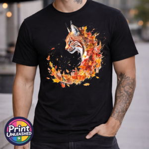 Lynx with tufted ears and an amber eye emerging from swirling orange, red and golden autumn leaves on a unisex T-shirt model - Print Unleashed