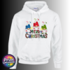 Three Christmas gonks in blue, red and green snow-topped hats above colourful patterned Merry Christmas lettering, printed on a white unisex hoodie - Print Unleashed