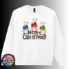 Three Christmas gonks in blue, red and green snow-topped hats above colourful patterned Merry Christmas lettering, printed on a white unisex sweatshirt - Print Unleashed