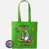 Colourful Christmas gonk holding a steaming coffee mug beside presents, with funny Christmas morning person wording, printed on a kiwi tote bag - Print Unleashed