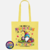 Colourful Christmas gonk holding a steaming coffee mug beside presents, with funny Christmas morning person wording, printed on a lemon tote bag - Print Unleashed
