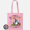 Colourful Christmas gonk holding a steaming coffee mug beside presents, with funny Christmas morning person wording, printed on a light pink tote bag - Print Unleashed