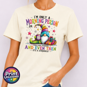 Colourful Christmas gonk holding a steaming coffee mug beside presents, with funny Christmas morning person wording, printed on a unisex T-shirt model - Print Unleashed