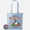 Colourful Christmas gonk holding a steaming coffee mug beside presents, with funny Christmas morning person wording, printed on a sky tote bag - Print Unleashed