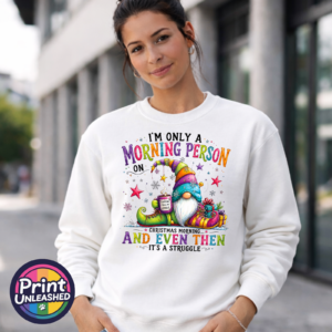 Morning Person Gonk sweat model female Colourful Christmas gonk holding a steaming coffee mug beside presents, with funny Christmas morning person wording, printed on a white unisex sweatshirt female model - Print Unleashed
