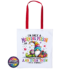 Colourful Christmas gonk holding a steaming coffee mug beside presents, with funny Christmas morning person wording, printed on a white & red tote bag - Print Unleashed