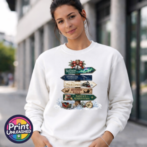 Northern Lights sweat female model Festive signpost with Northern Lights, observatory and reindeer destinations, decorated with bells, a sleigh and snowy details, printed on a white unisex sweatshirt female model - Print Unleashed