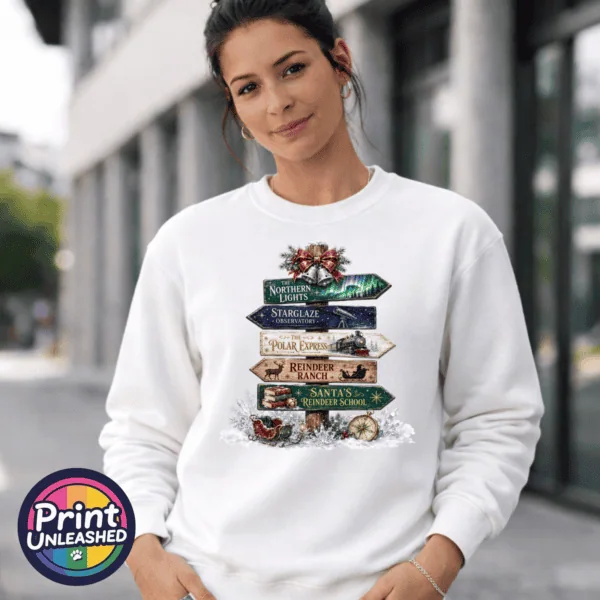 Festive signpost with Northern Lights, observatory and reindeer destinations, decorated with bells, a sleigh and snowy details, printed on a white unisex sweatshirt female model - Print Unleashed