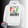 I’m not an elf I’m just short wording with red and green elf-style letters, striped stockings, holly and Christmas lights printed on a white unisex hoodie - Print Unleashed