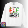 I’m not an elf I’m just short wording with red and green elf-style letters, striped stockings, holly and Christmas lights printed on a white unisex sweatshirt - Print Unleashed
