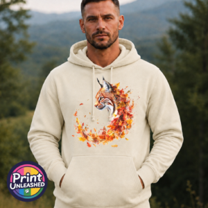Lynx with tufted ears and an amber eye emerging from swirling orange, red and golden autumn leaves on a softstyle hoodie off white model - Print Unleashed