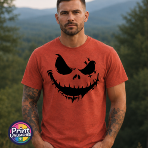 Stitched pumpkin face with uneven eyes and a crooked toothy grin on a Texas Orange unisex T-shirt male model - Print Unleashed