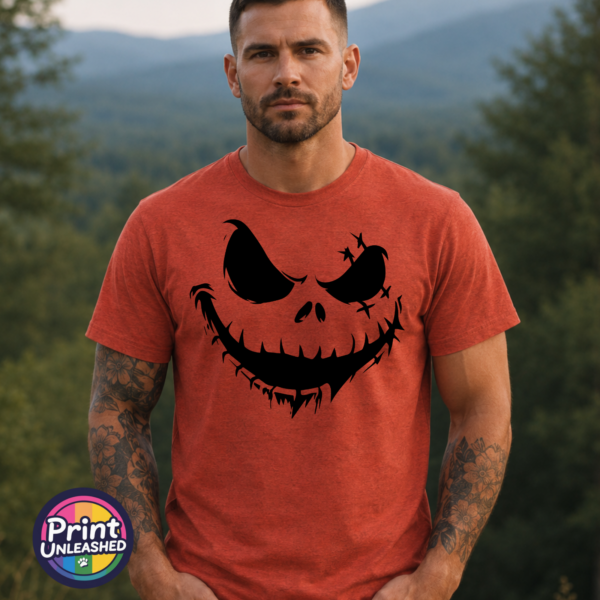 Stitched pumpkin face with uneven eyes and a crooked toothy grin on a Texas Orange unisex T-shirt male model - Print Unleashed